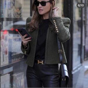 NWOT Zara Olive Green Textured Blazer Open Front Jacket with Gold Button Accents